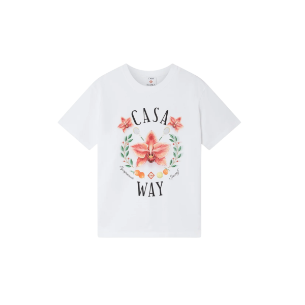 T‑shirt col rond CASABLANCA à manche courte coton blanc Casa Way logo orchidée