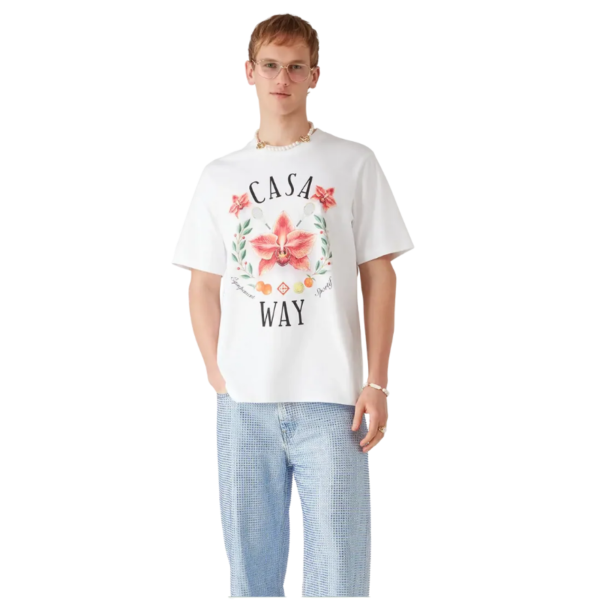 T‑shirt col rond CASABLANCA à manche courte coton blanc Casa Way logo orchidée