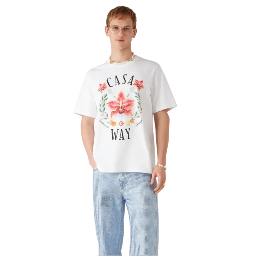 T‑shirt col rond CASABLANCA à manche courte coton blanc Casa Way logo orchidée