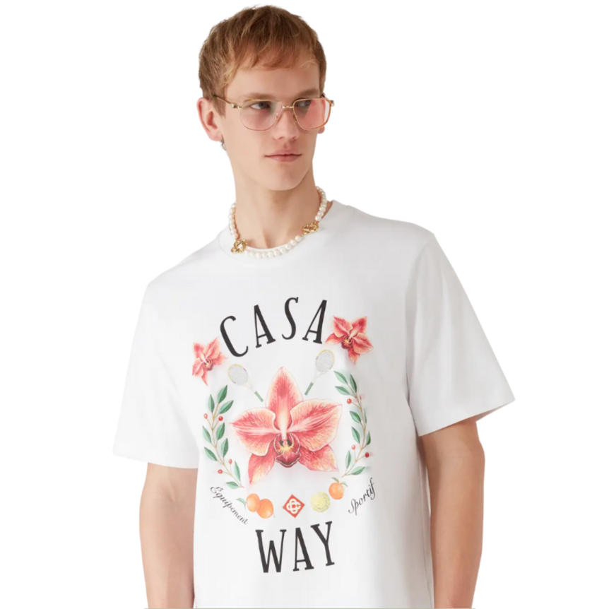 T‑shirt col rond CASABLANCA à manche courte coton blanc Casa Way logo orchidée