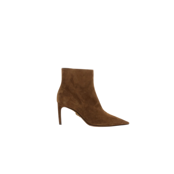 Bottines à talon DOLCE & GABBANA bout pointu daim marron noisette logo métal