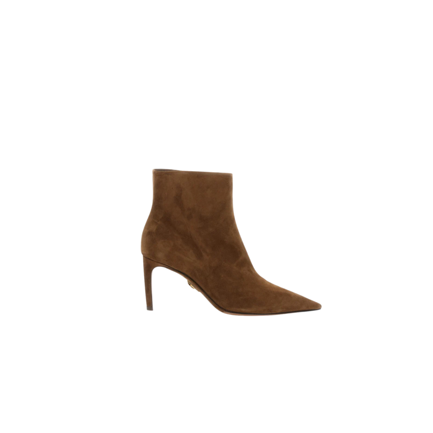 Bottines à talon DOLCE & GABBANA bout pointu daim marron noisette logo métal