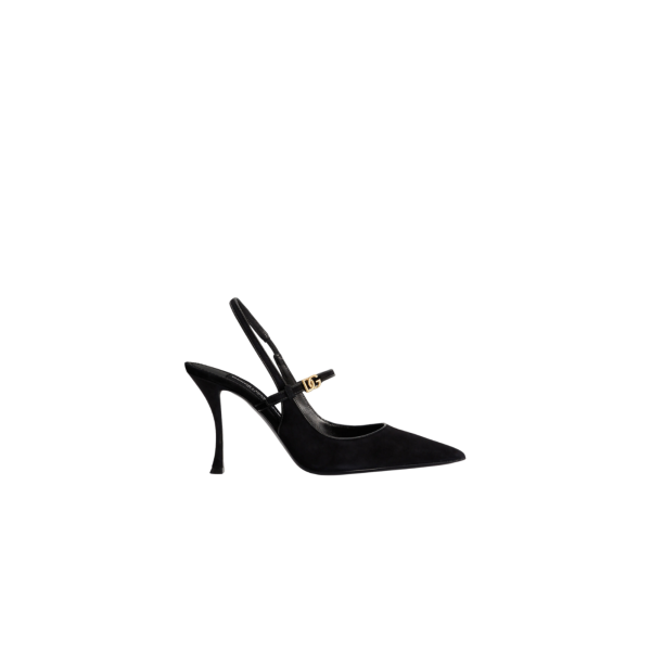 Escarpins à bride arrière DOLCE & GABBANA daim cuir nappa noir logo DG doré