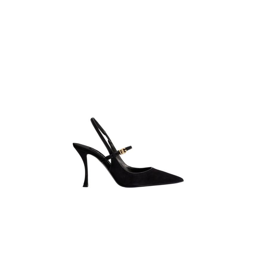 Escarpins à bride arrière DOLCE & GABBANA daim cuir nappa noir logo DG doré