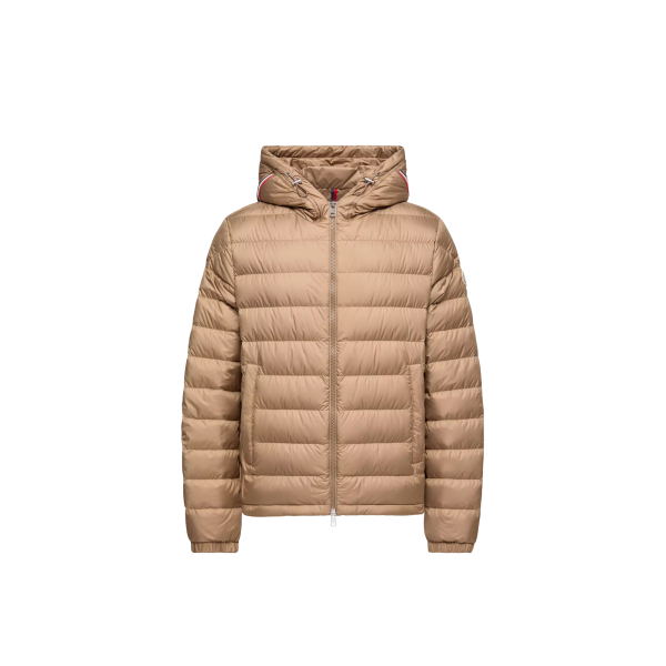Doudoune courte MONCLER Vermeille matelassée beige capuche liseret tricolore