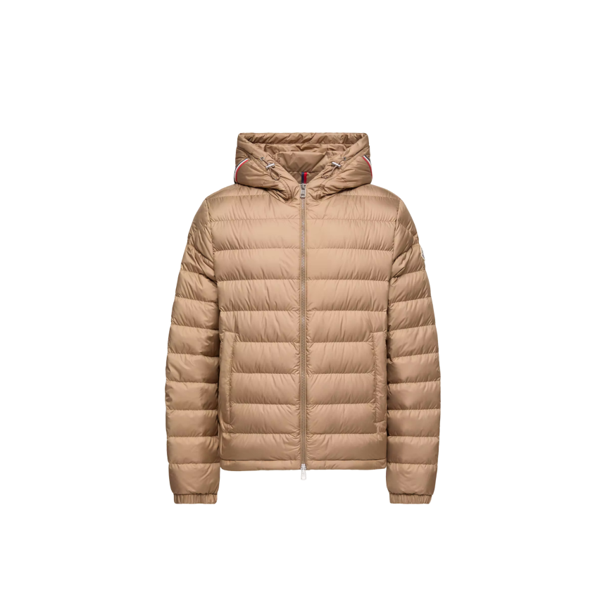 Doudoune courte MONCLER Vermeille matelassée beige capuche liseret tricolore
