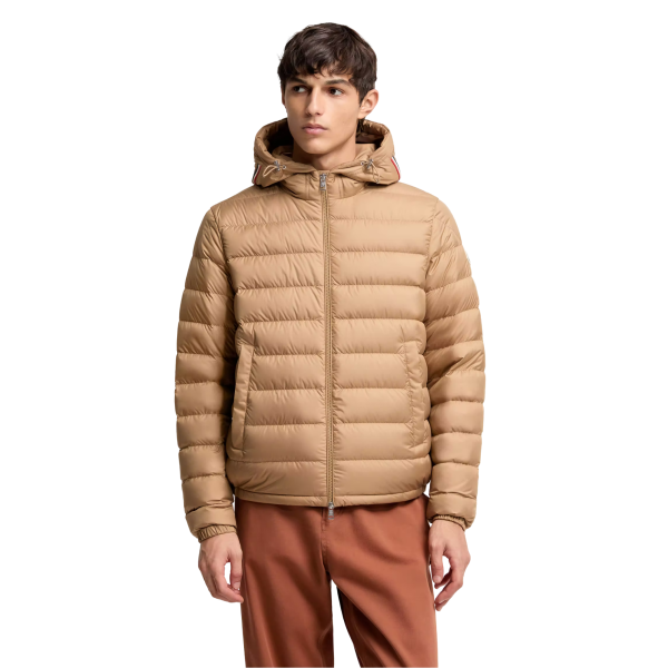Doudoune courte MONCLER Vermeille matelassée beige capuche liseret tricolore