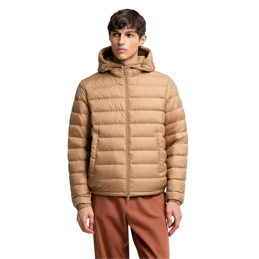 Doudoune courte MONCLER Vermeille matelassée beige capuche liseret tricolore