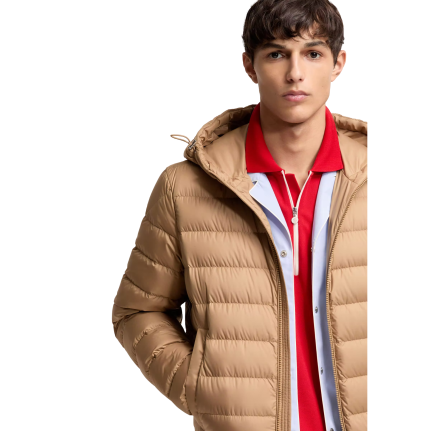 Doudoune courte MONCLER Vermeille matelassée beige capuche liseret tricolore