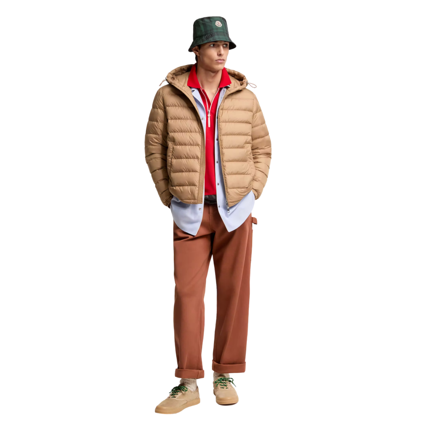 Doudoune courte MONCLER Vermeille matelassée beige capuche liseret tricolore