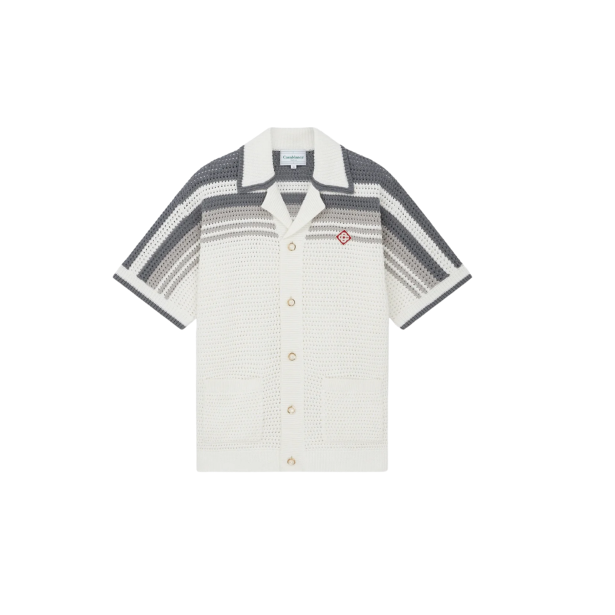 Chemise manche courte CASABLANCA Tennis coton crochet blanc bande grise
