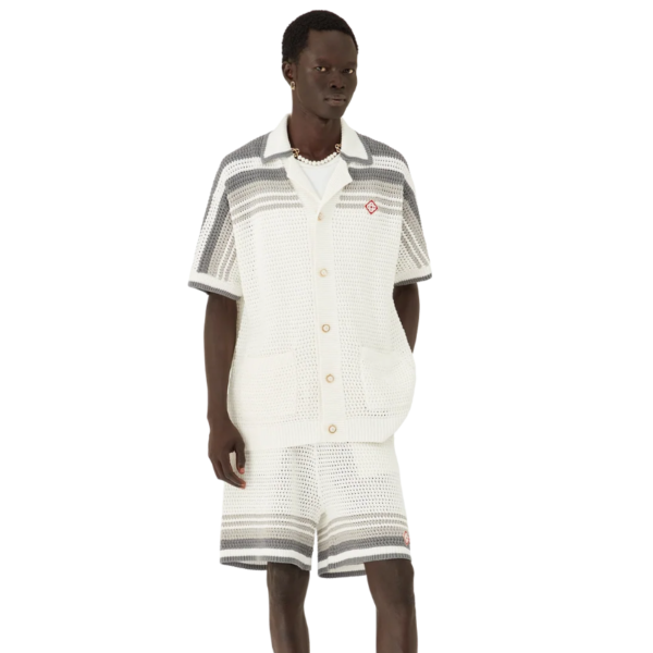 Chemise manche courte CASABLANCA Tennis coton crochet blanc bande grise
