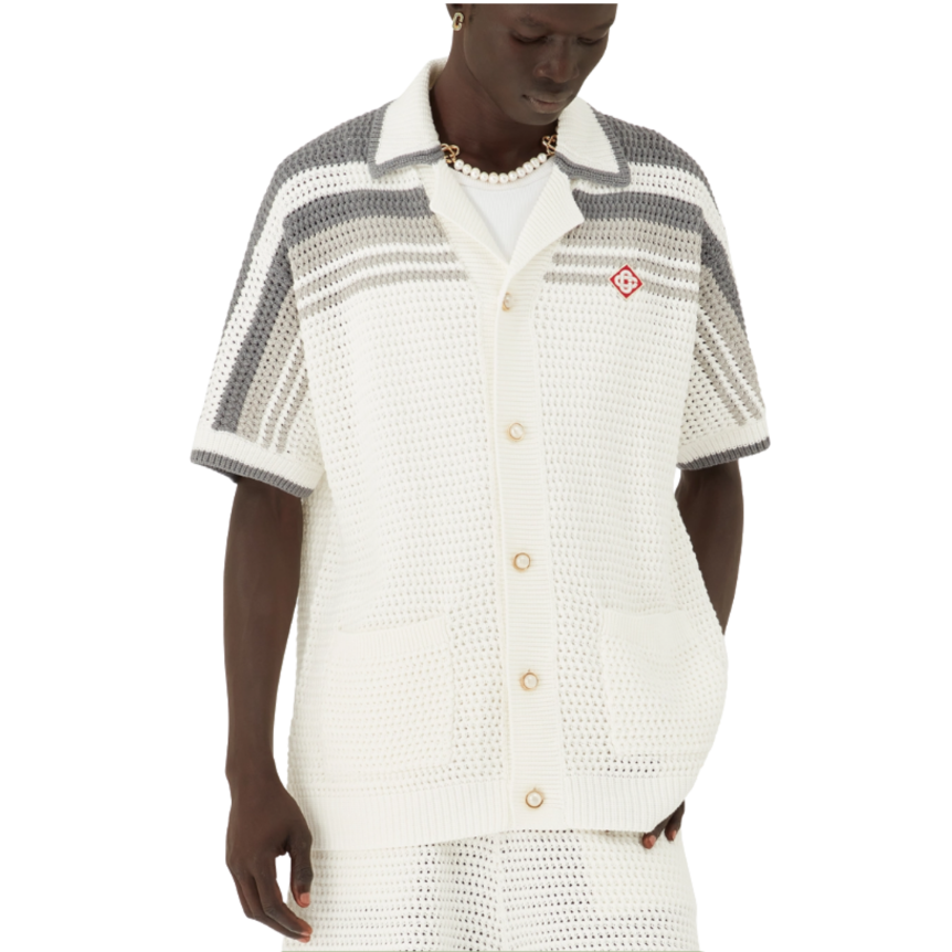 Chemise manche courte CASABLANCA Tennis coton crochet blanc bande grise