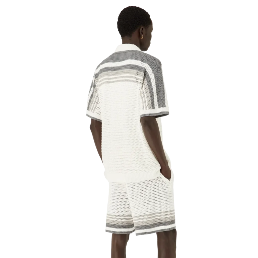 Chemise manche courte CASABLANCA Tennis coton crochet blanc bande grise