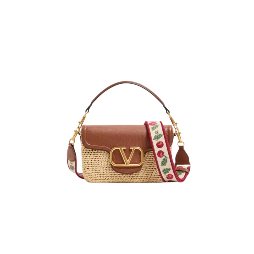 Sac porté épaule VALENTINO Alltime raphia cuir grainé bandoulière ruban broderie Cherryfic