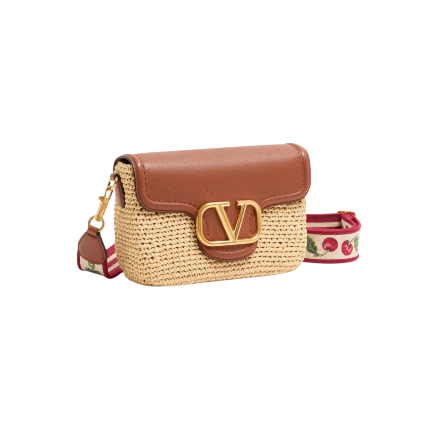 Sac porté épaule VALENTINO Alltime raphia cuir grainé bandoulière ruban broderie Cherryfic