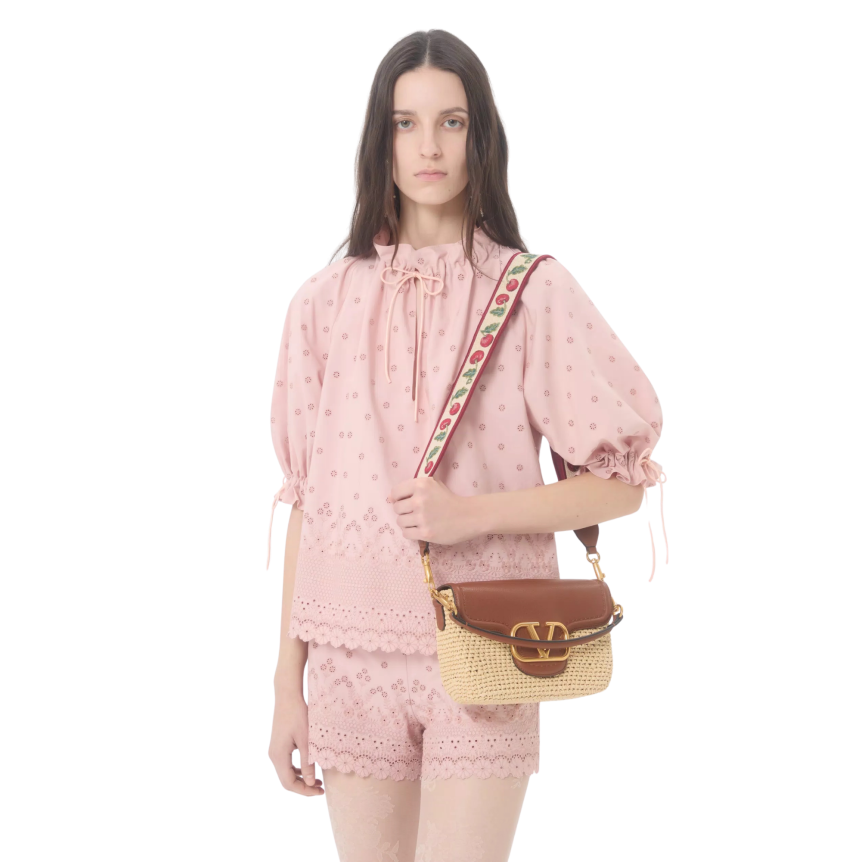 Sac porté épaule VALENTINO Alltime raphia cuir grainé bandoulière ruban broderie Cherryfic