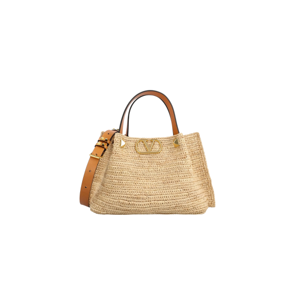 Sac à main shopping VALENTINO Small cabas Raphia beige V logo doré Cabochon Bandoulière