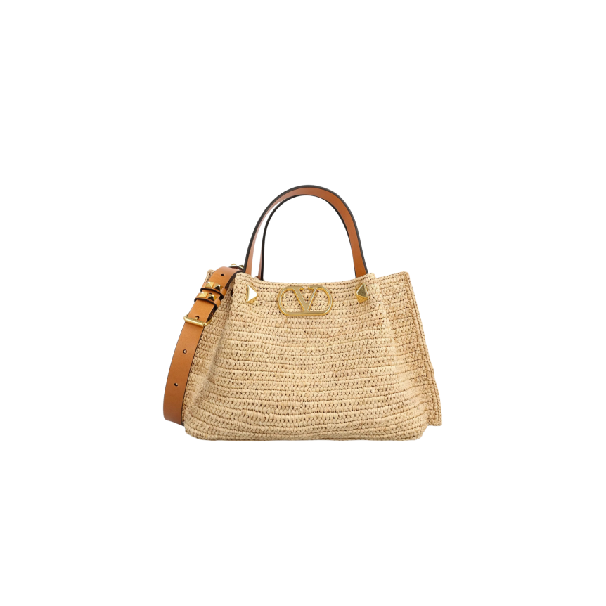 Sac à main shopping VALENTINO Small cabas Raphia beige V logo doré Cabochon Bandoulière