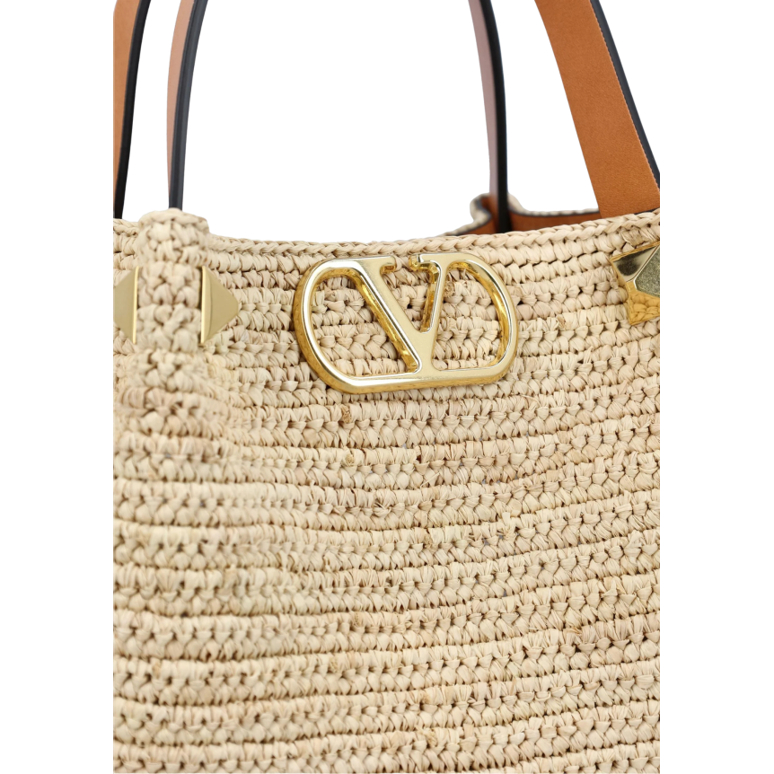 Sac à main shopping VALENTINO Small cabas Raphia beige V logo doré Cabochon Bandoulière