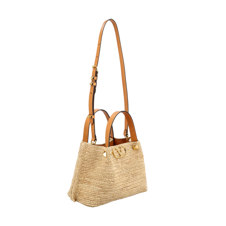 Sac à main shopping VALENTINO Small cabas Raphia beige V logo doré Cabochon Bandoulière