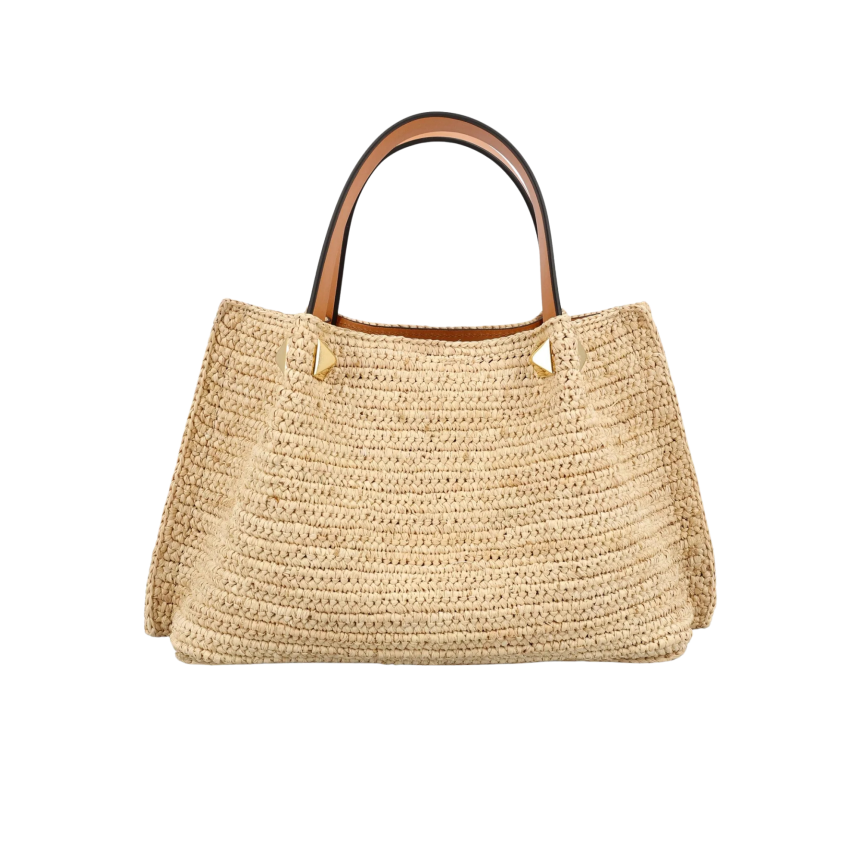 Sac à main shopping VALENTINO Small cabas Raphia beige V logo doré Cabochon Bandoulière