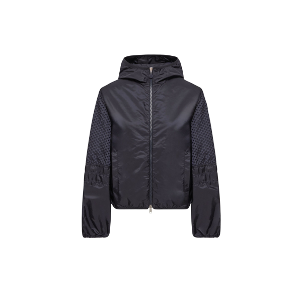 Veste courte de pluie à capuche zippée MONCLER Zelkova nylon bleu marine manche perforée
