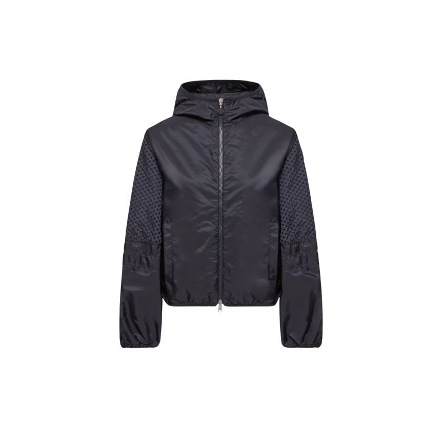 Veste courte de pluie à capuche zippée MONCLER Zelkova nylon bleu marine manche perforée