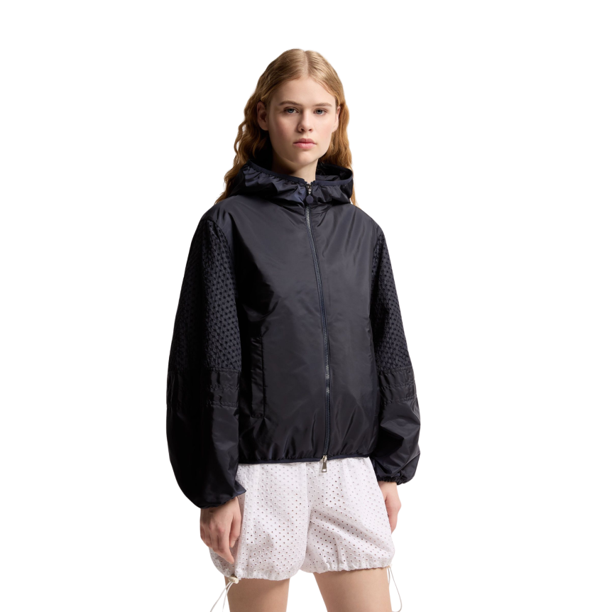 Veste courte de pluie à capuche zippée MONCLER Zelkova nylon bleu marine manche perforée