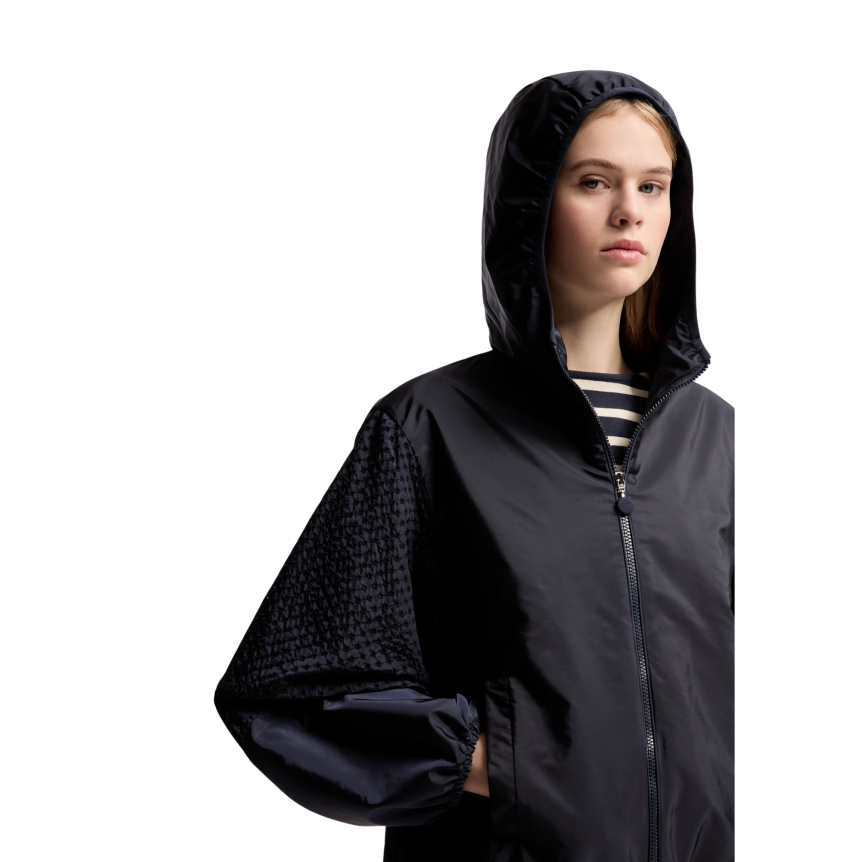 Veste courte de pluie à capuche zippée MONCLER Zelkova nylon bleu marine manche perforée