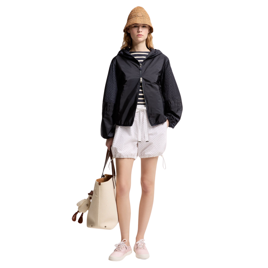 Veste courte de pluie à capuche zippée MONCLER Zelkova nylon bleu marine manche perforée