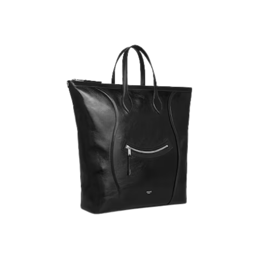 Sac cabas vertical CELINE cuir noir poche zippée argentée bandoulière