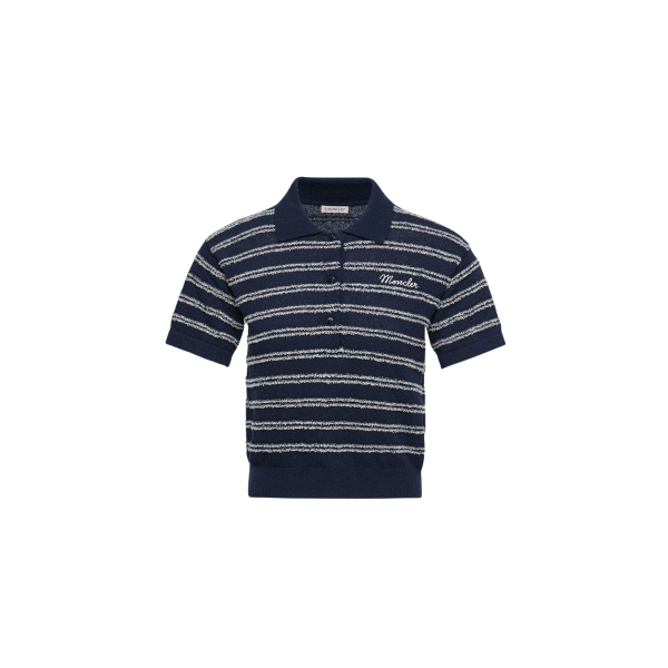 Pull manche courte MONCLER col polo éponge bleu marine rayure blanche