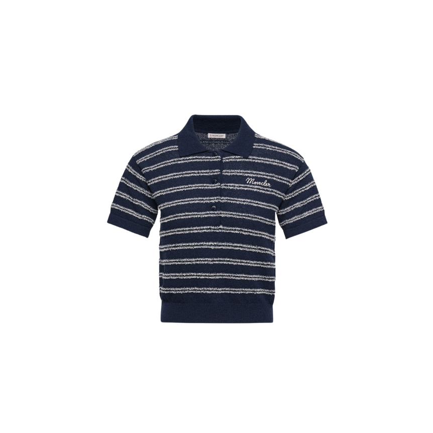 Pull manche courte MONCLER col polo éponge bleu marine rayure blanche