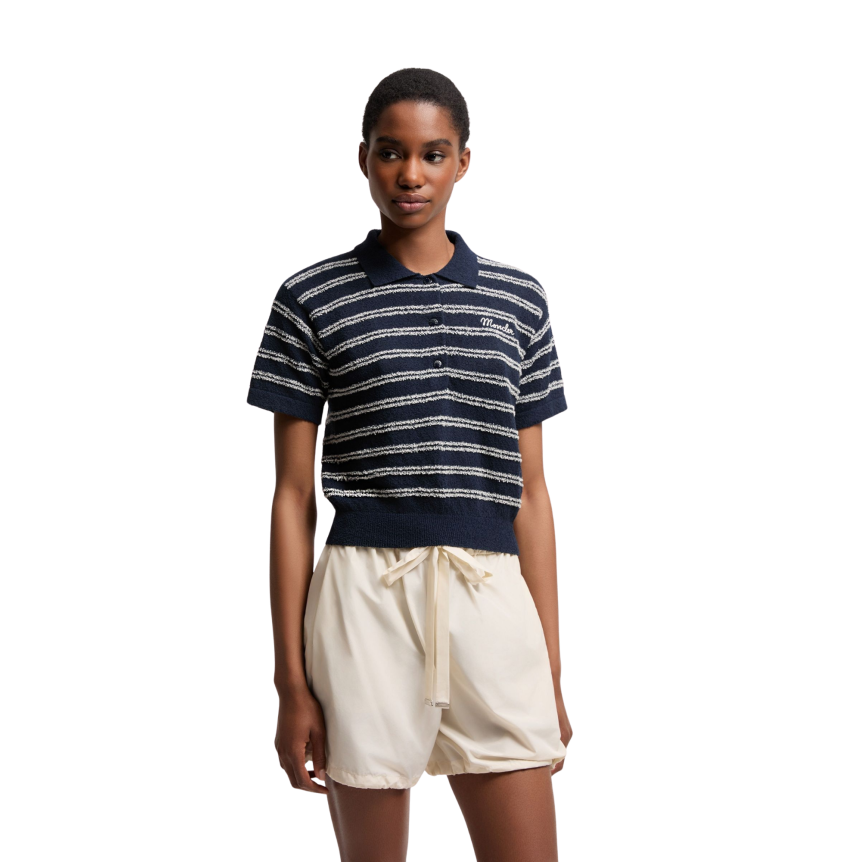 Pull manche courte MONCLER col polo éponge bleu marine rayure blanche