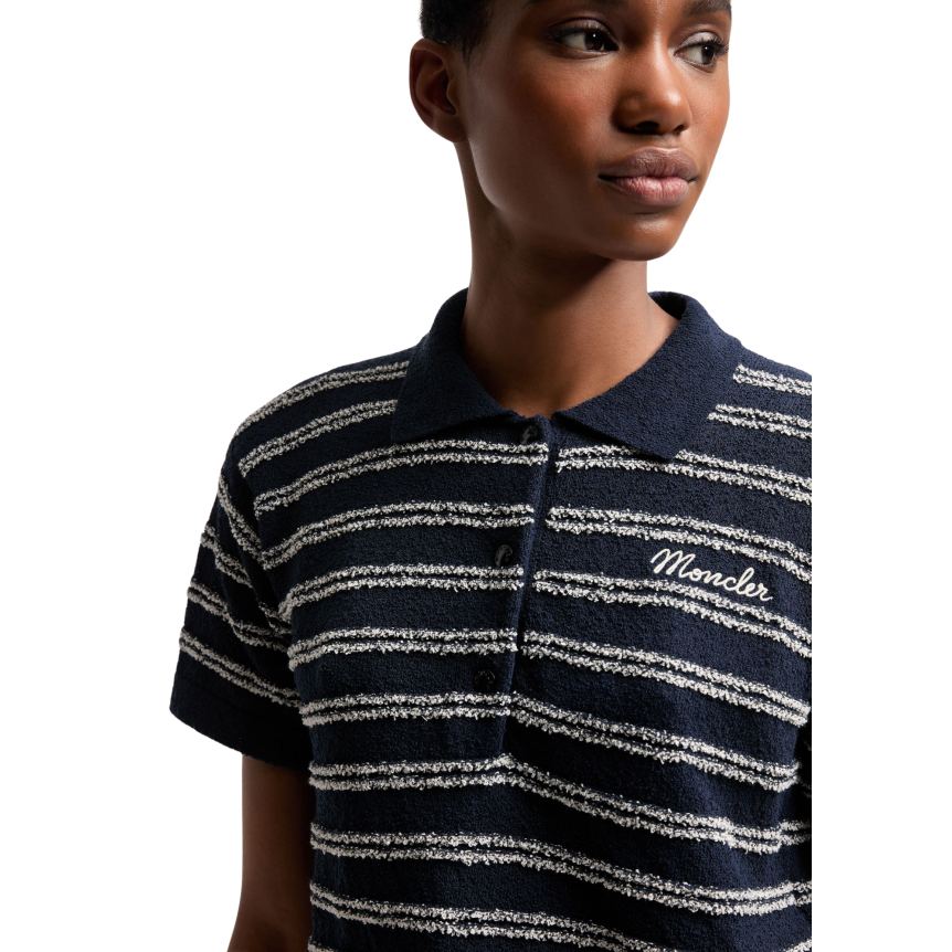 Pull manche courte MONCLER col polo éponge bleu marine rayure blanche