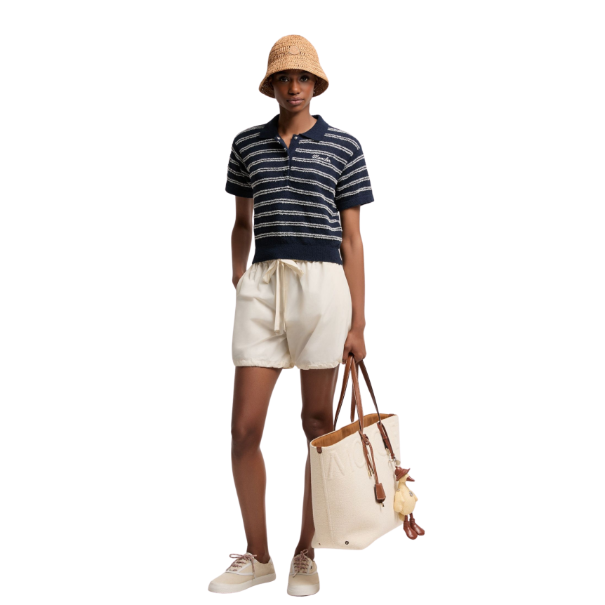 Pull manche courte MONCLER col polo éponge bleu marine rayure blanche