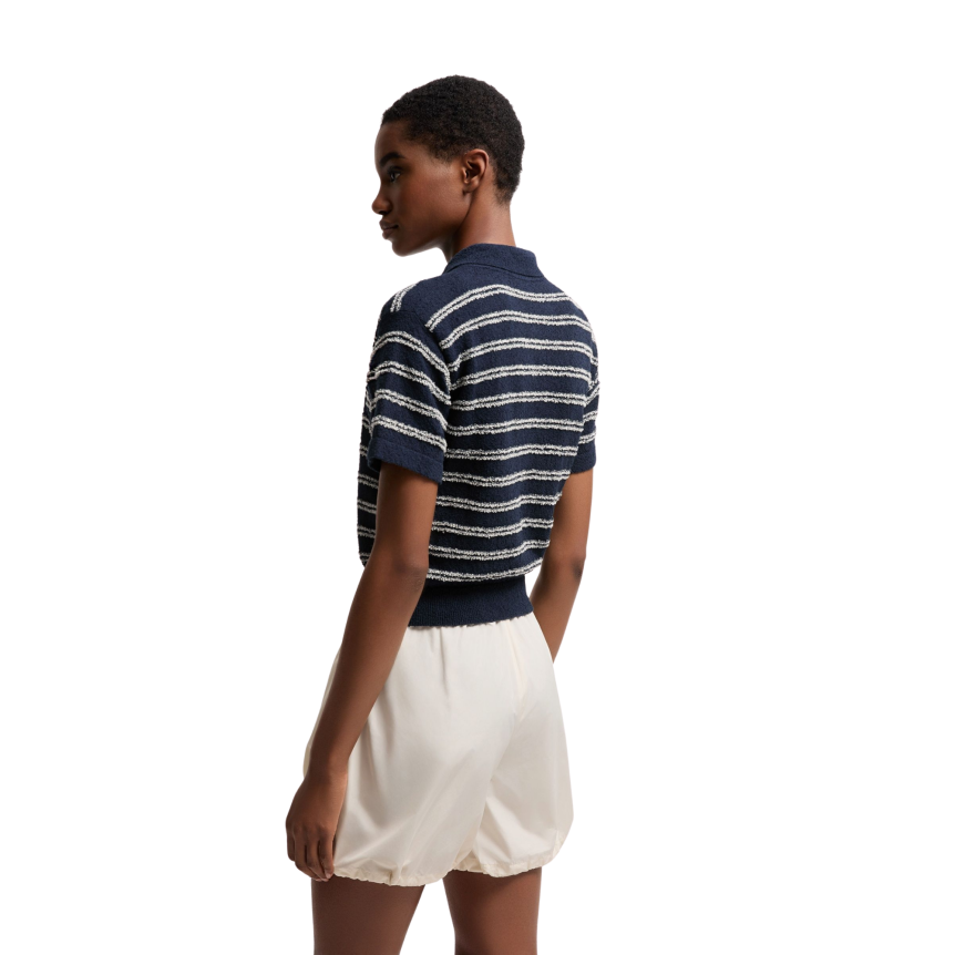 Pull manche courte MONCLER col polo éponge bleu marine rayure blanche