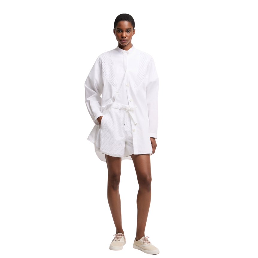 Short taille élastique MONCLER popeline de coton blanc perforé