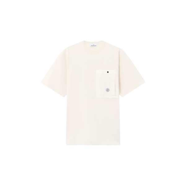 T-shirt col rond STONE ISLAND coton écru poche poitrine bouton pression