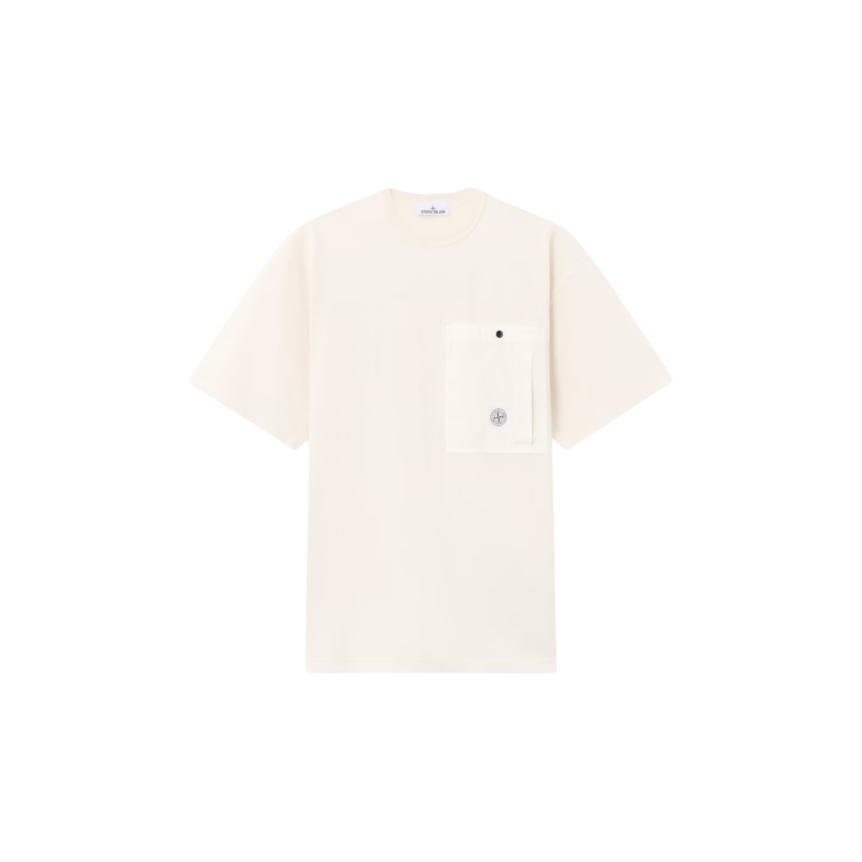 T-shirt col rond STONE ISLAND coton écru poche poitrine bouton pression