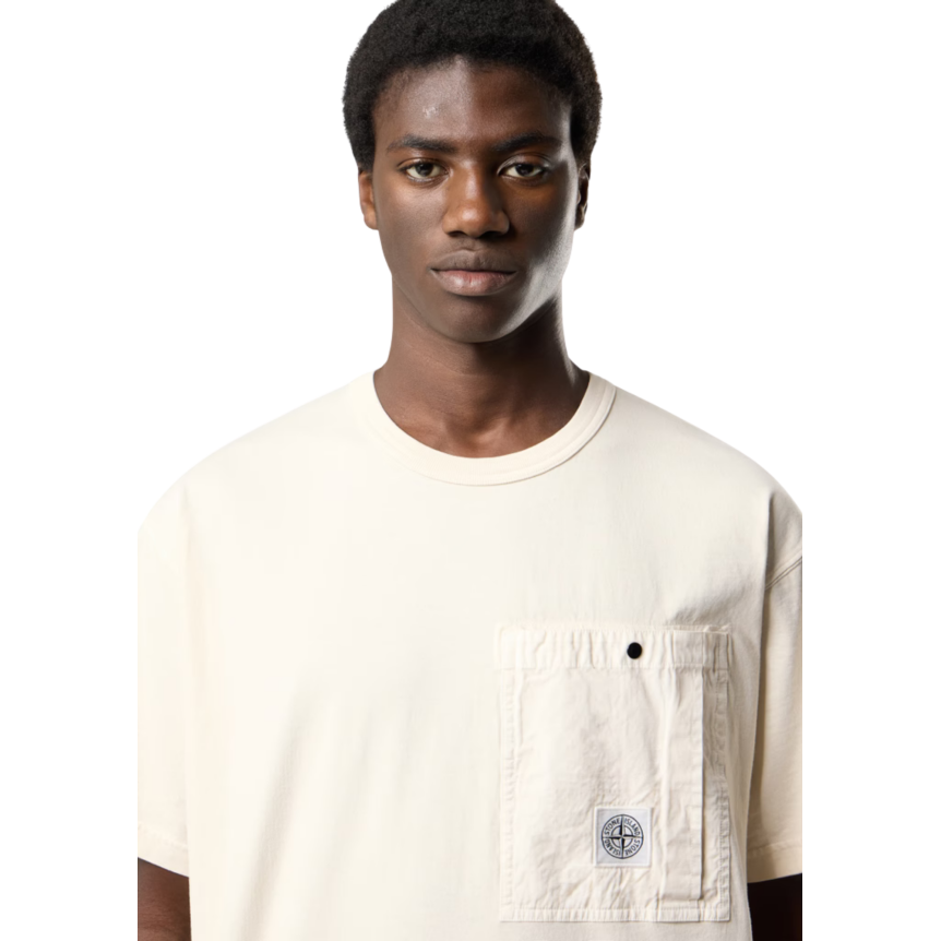 T-shirt col rond STONE ISLAND coton écru poche poitrine bouton pression