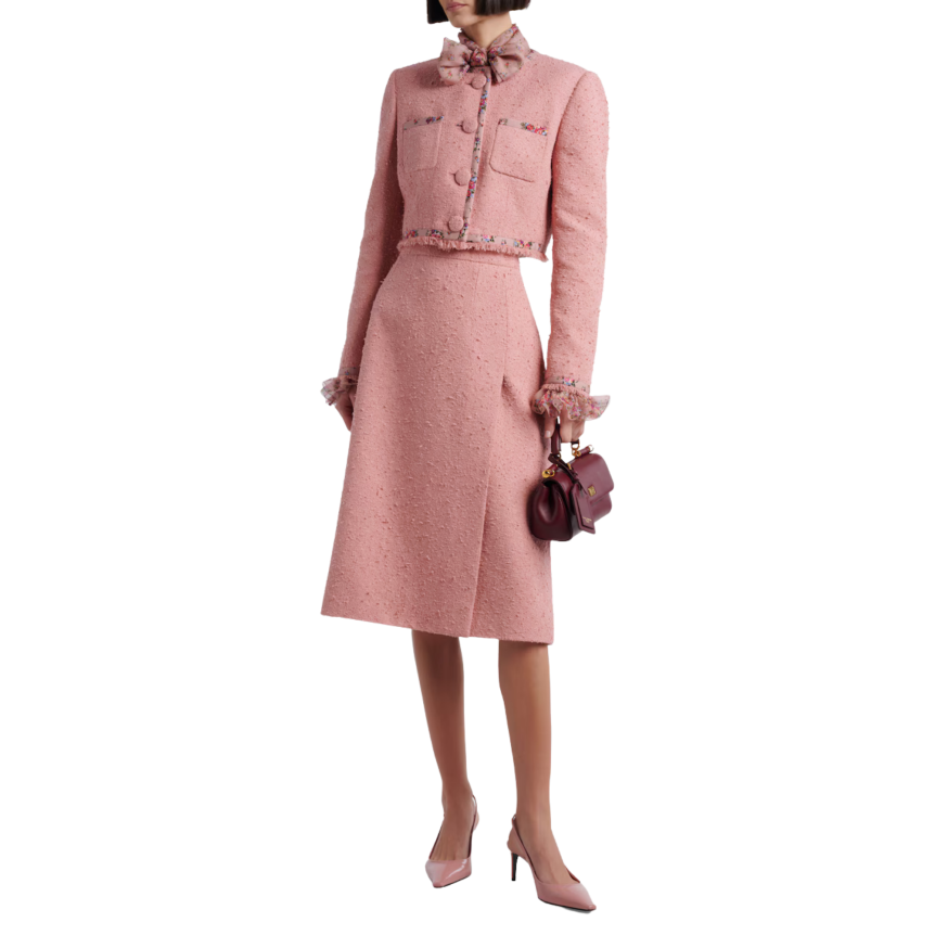 Veste DOLCE & GABBANA Rachel simple boutonnage tweed coton soie rose ganse fleur