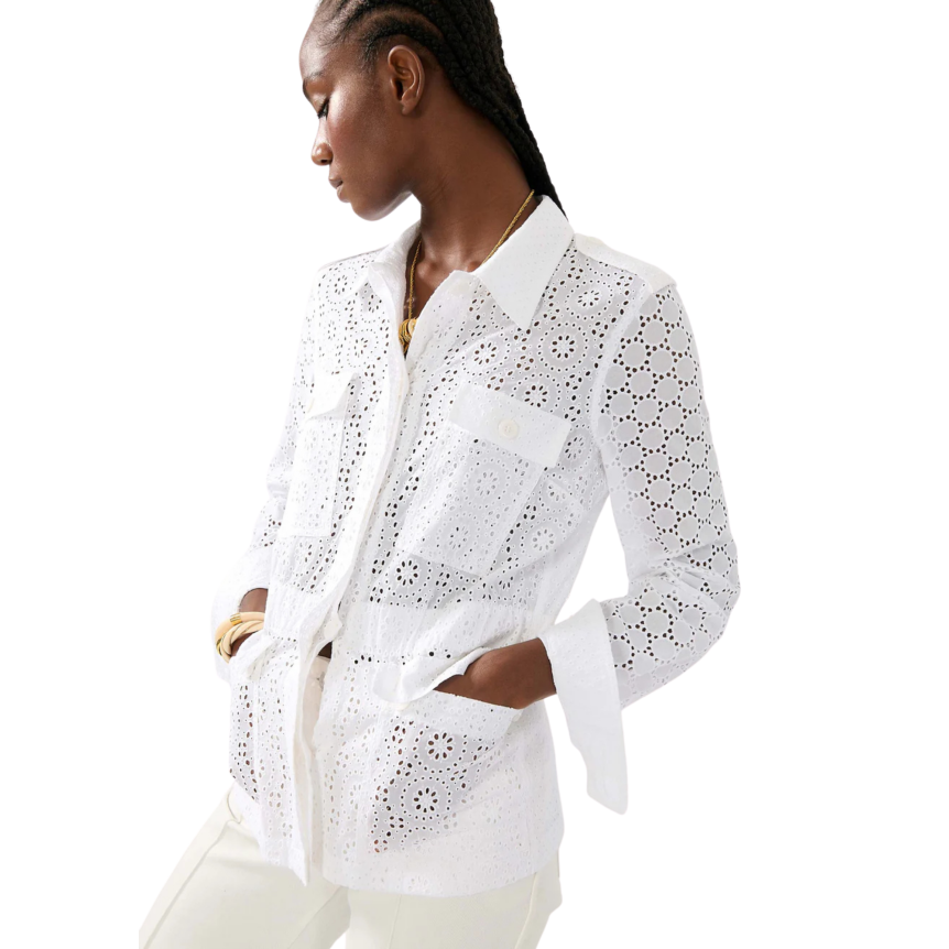 Veste col chemise saharienne BARBARA BUI coton blanc ajouré broderie anglaise
