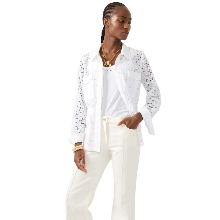 Veste col chemise saharienne BARBARA BUI coton blanc ajouré broderie anglaise