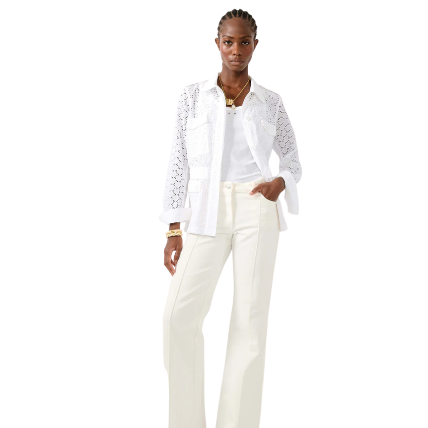 Veste col chemise saharienne BARBARA BUI coton blanc ajouré broderie anglaise