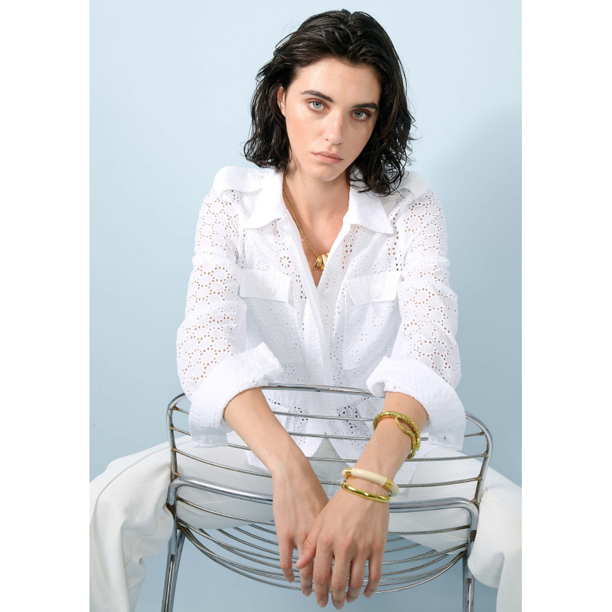 Veste col chemise saharienne BARBARA BUI coton blanc ajouré broderie anglaise