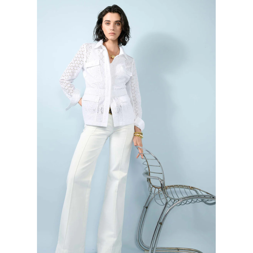Veste col chemise saharienne BARBARA BUI coton blanc ajouré broderie anglaise