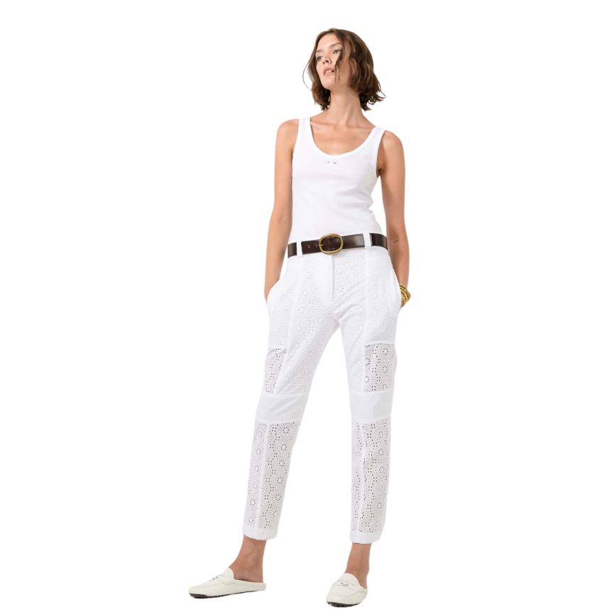 Pantalon cargo BARBARA BUI coton blanc ajouré broderie anglaise