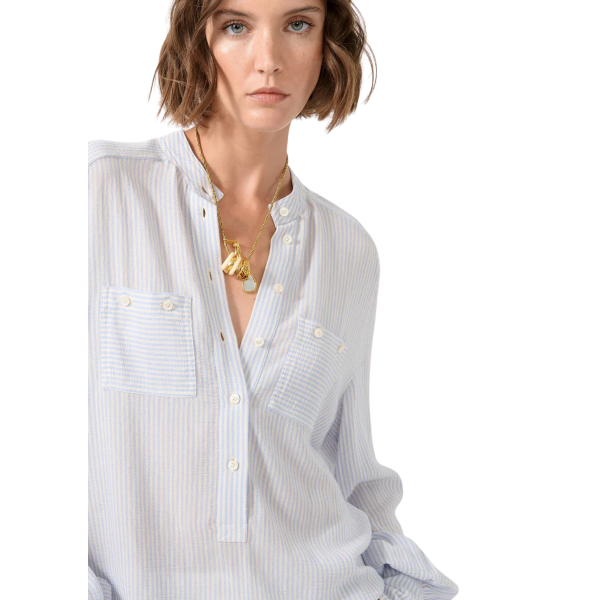 chemise col mao BARBARA BUI manche bouffante crépon viscose coton blanc fine rayure bleu ciel léger